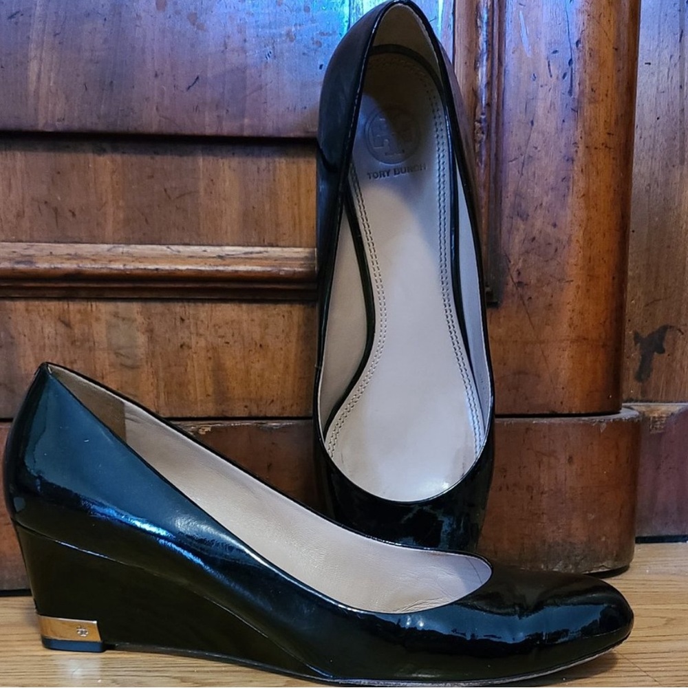 Tory Burch patent wedge heels